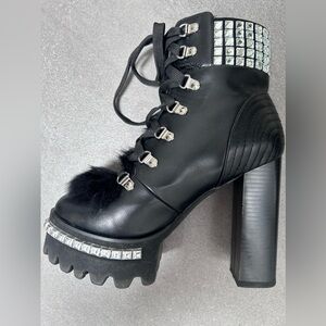 Azalea Wang Black Leather Platform Boots with Fur and Rhinestone Embellishments